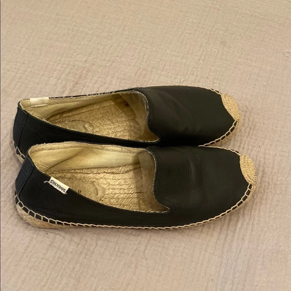 Soludos Classic Black Leather Espadrilles. Size 10